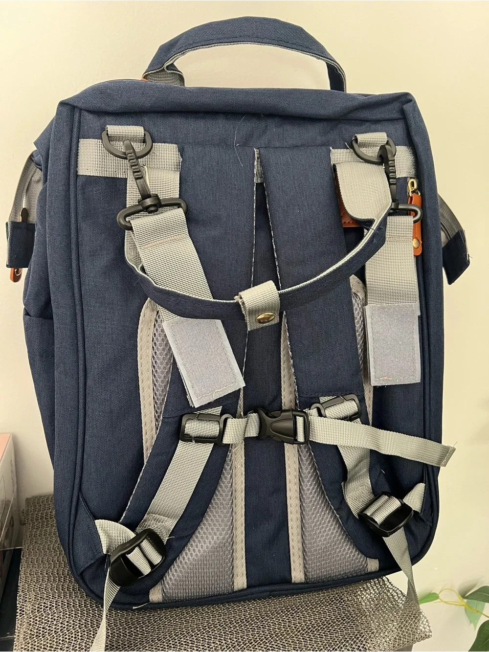 Quilted Navy Diaper Backpack with Brown Trim